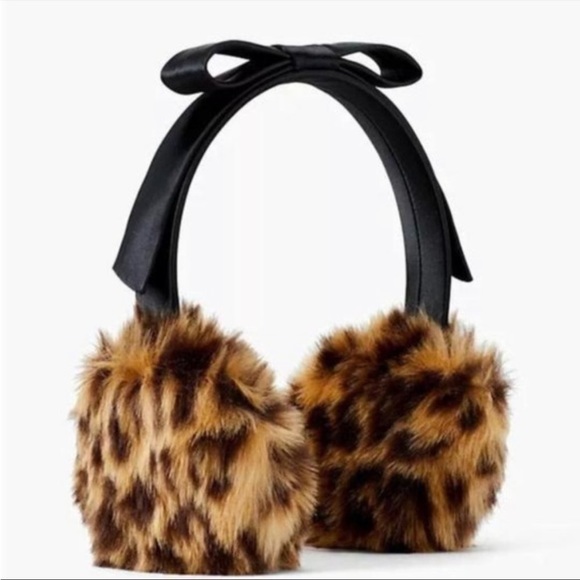 KATE SPADE Black Satin Bow Leopard Faux Fur Ear Muffs NEW - Picture 2 of 6